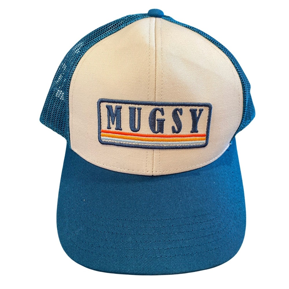 Mugsy Jeans Trucker Hat Teal Blue Cream Retro Stripe Patch Mesh Snapback Cap